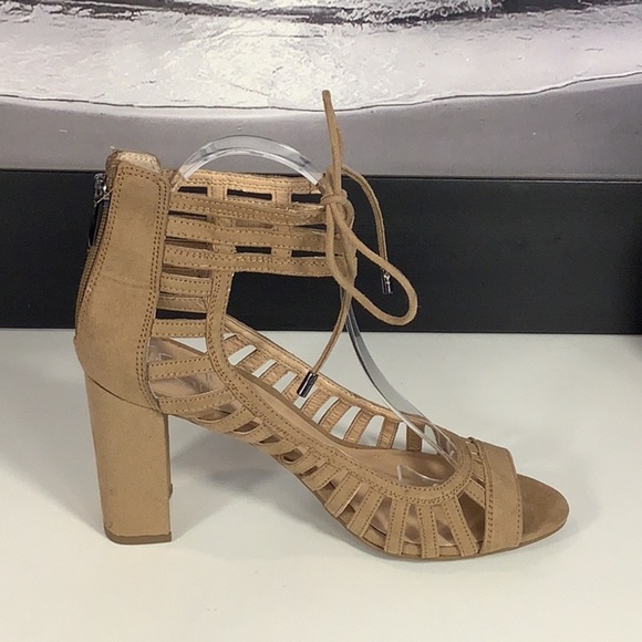 Franco Sarto Ernie Tan Faux Suede Block Heel Open Toe Cage Zip Tie Sandals Sz 8 - Picture 6 of 12